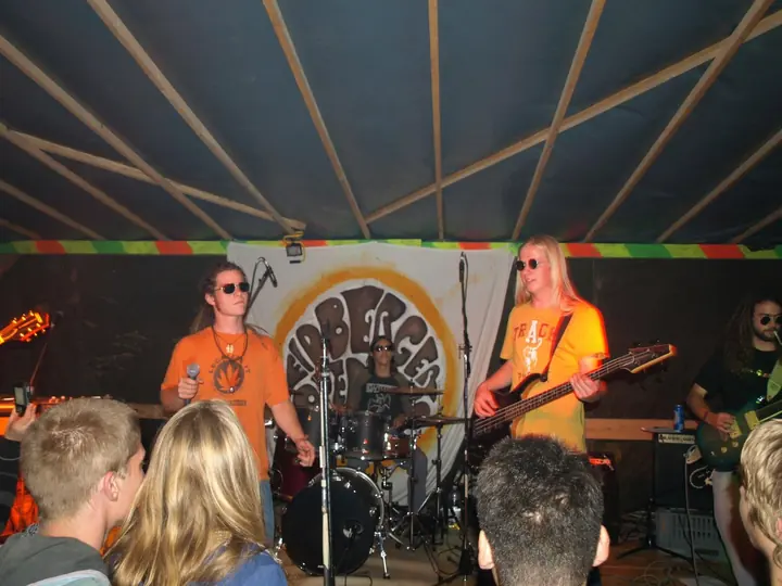 Eine Band spielt 2009 vor dem Eidberger Baumlogo.