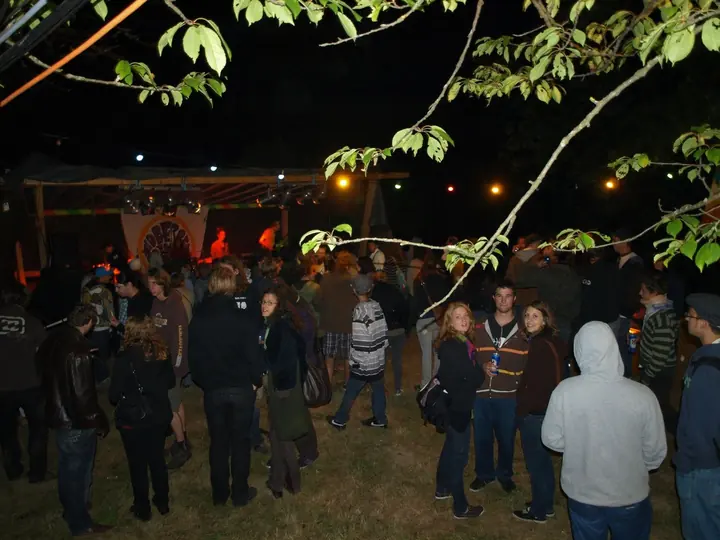 Festivalgäste stehen nachts unter Lichterketten.