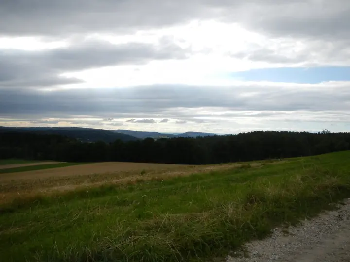 Weite Landschaft mit Feldern und bewölktem Himmel vom Hulmen aus.