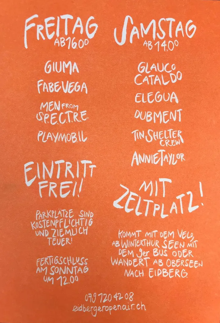 Orangefarbene Rückseite des Flyers 2019 mit Line-up und Hinweis auf freien Eintritt.